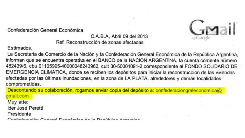 CORREO. Copia del correo que recibió un empresario, donde se le solicita que informe la donación.