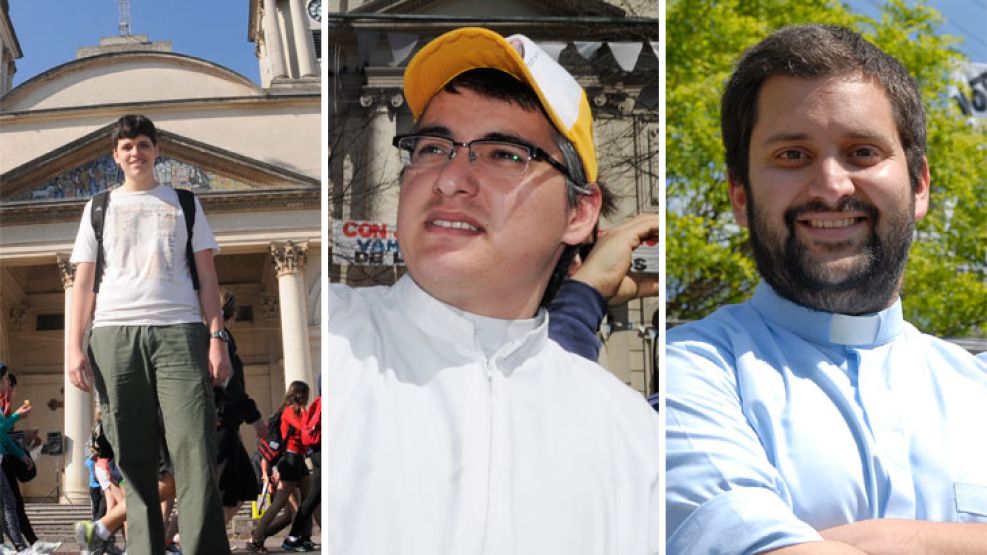 Al servicio de la gente. (De izq. a der.) Hernán Acosta salió con los fieles desde la Catedral de Morón. Fabián Cortés está en segundo año del seminario. Juan Manuel Bianchi, en la posta de General Ro