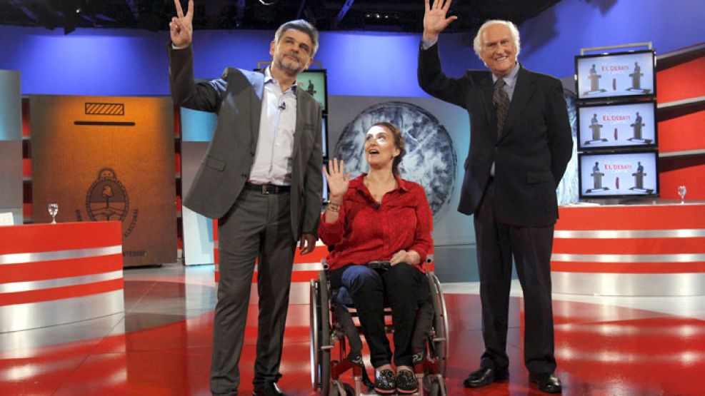 Daniel Filmus, Gabriela Michetti y Fernando Pino Solanas, en la previa al debate de candidatos a senadores por la Ciudad.