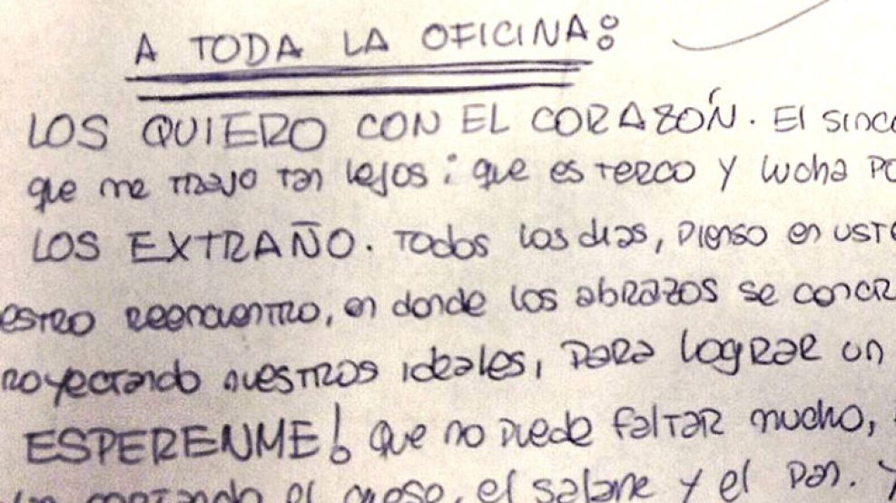 La carta de Camila a sus comañeros de oficina.