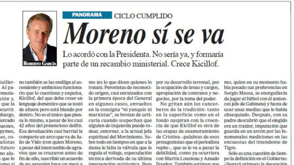 La columna de Roberto García el 3 de agosto de 2012 anticipó la salida de Moreno.