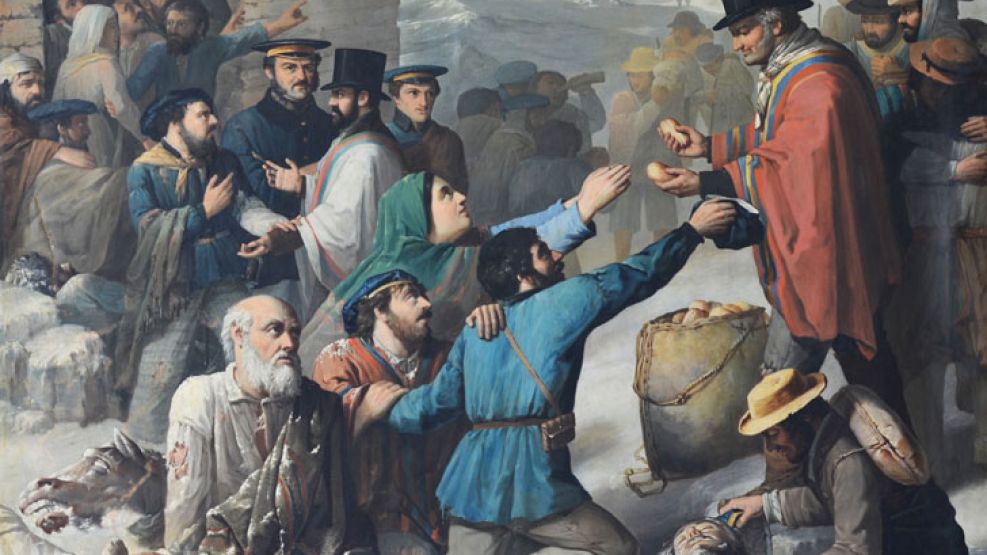 Salvamento en la cordillera. En esa pintura se halla Sarmiento repartiendo pan entre los damnificados por una tormenta de nieve, situación nunca sucedida.