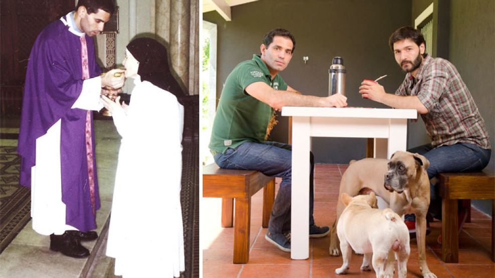 Ayer y hoy. Andrés, cuando era sacerdote, en Mendoza (izq.). Con su novio Luis, en la casa que comparten en Martínez.