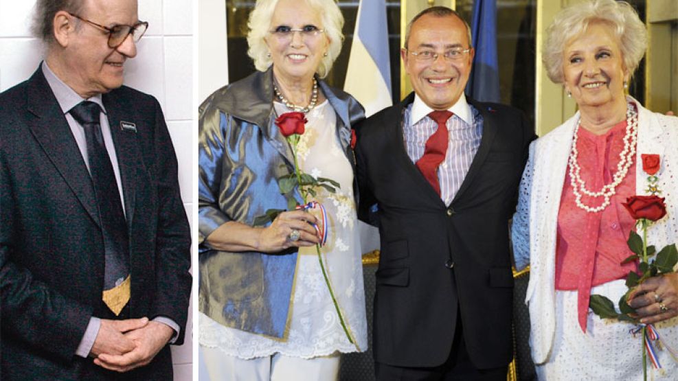 Agasajo. El embajador Jean-Michel Casa, con Rinaldi y Carlotto. Quino, ausente, pero Mafalda recibió la medalla.