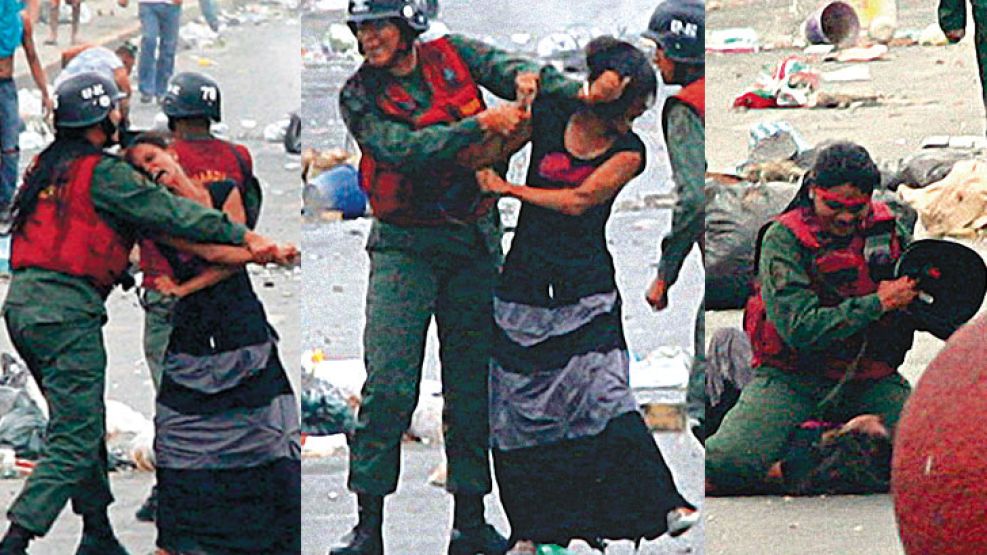 GUARDIA DEL PUEBLO, creada por Chávez, detiene a una manifestante que protestaba contra Maduro y abusa de su poder de policía golpeándola ya indefensa.