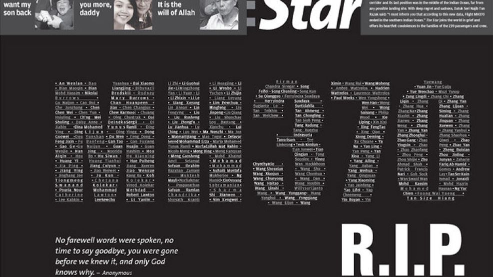 El principal diario en lengua inglesa del país, The Star, publicó sobre las letras MH370 los nombres de todas las víctimas