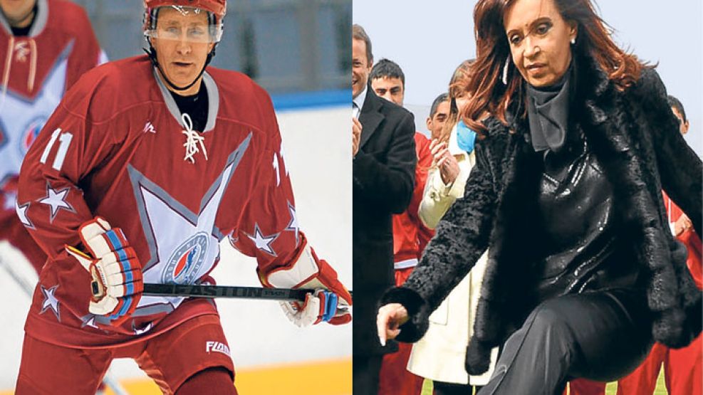CAMPEONES: Putin con la selección nacional de hockey sobre hielo, en Sochi, y Cristina con el fútbol.