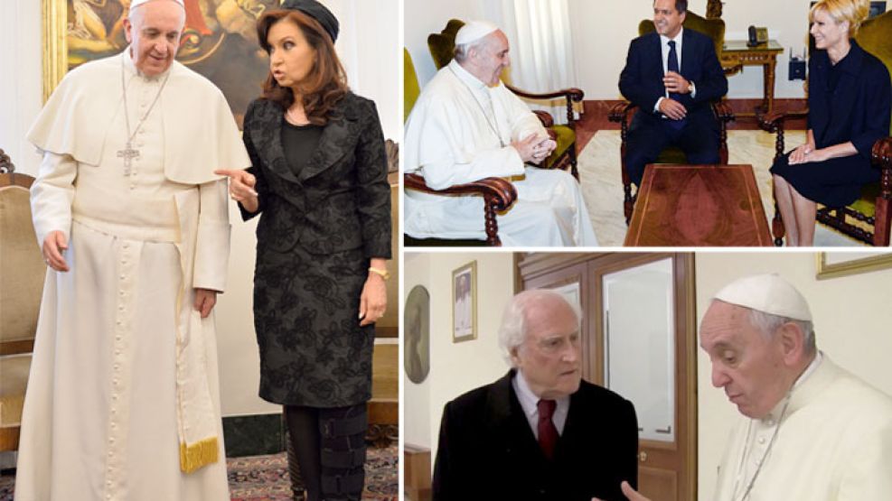 Albúm. Cristina Kirchner, en su tercer encuentro con el Papa. Scioli y esposa, de diálogo fluido con el líder religioso. Con Pino Solanas.