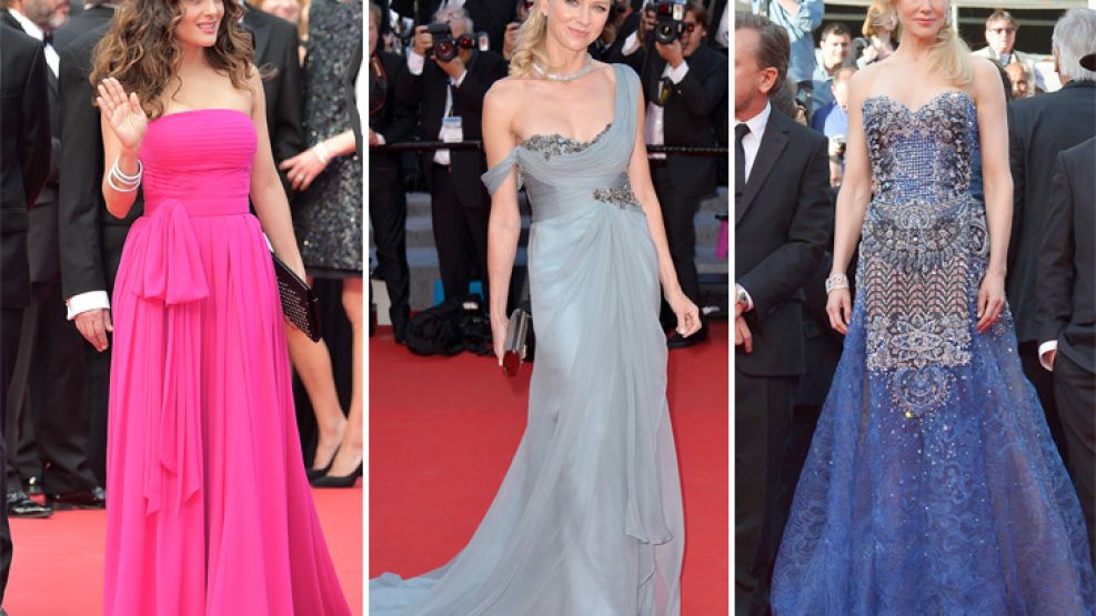 Divas. Hayek con diseño de Yves Saint Laurent; Watts, de Marchesa; Kidman eligió un Armani Privé.