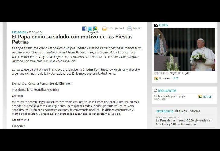 El sitio oficial de la Casa Rosada informó de la supuesta carta oficial del papa Francisco.