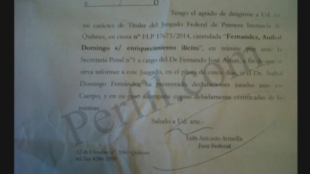 El pedido de información que hizo el juez a la municipalidad de Quilmes, donde solicita las declaraciones patrimoniales del funcionario.