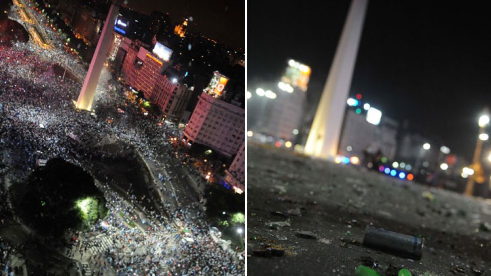 Los dos Obeliscos. A la izquierda, lleno de festejos. A la derecha, los destrozos.