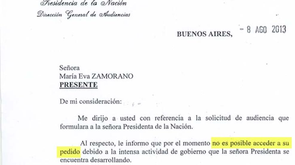 Pedido y rechazo. “No es posible” que Cristina Kirchner los reciba, fue la respuesta oficial.