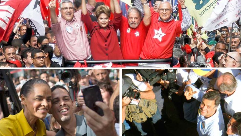 Último acto. Dilma (PT), Marina (PSB) y Aécio (PSDB) cerraron ayer sus campañas en San Pablo, Río de Janeiro y Belo Horizonte respectivamente. La ley electoral brasileña permite a los candidatos mostr