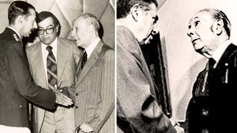 De este y del otro. Borges estrecha la mano de Videla y de Augusto Pinochet, en 1976.