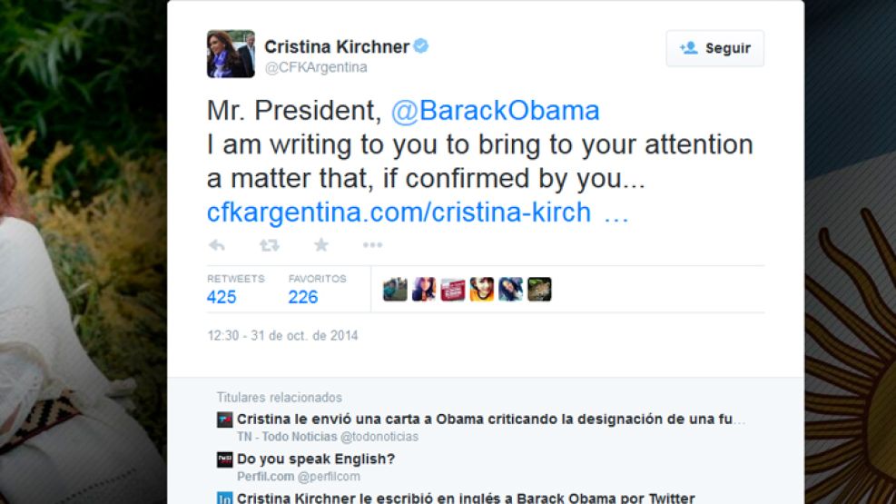 Tuits. CFK también le pidió explicaciones a Obama por la red.