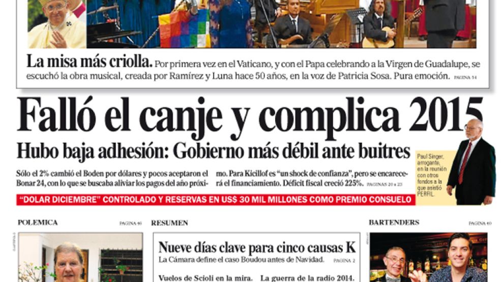 Tapa de la edición impresa del diario Perfil del 13 de Diciembre de 2014