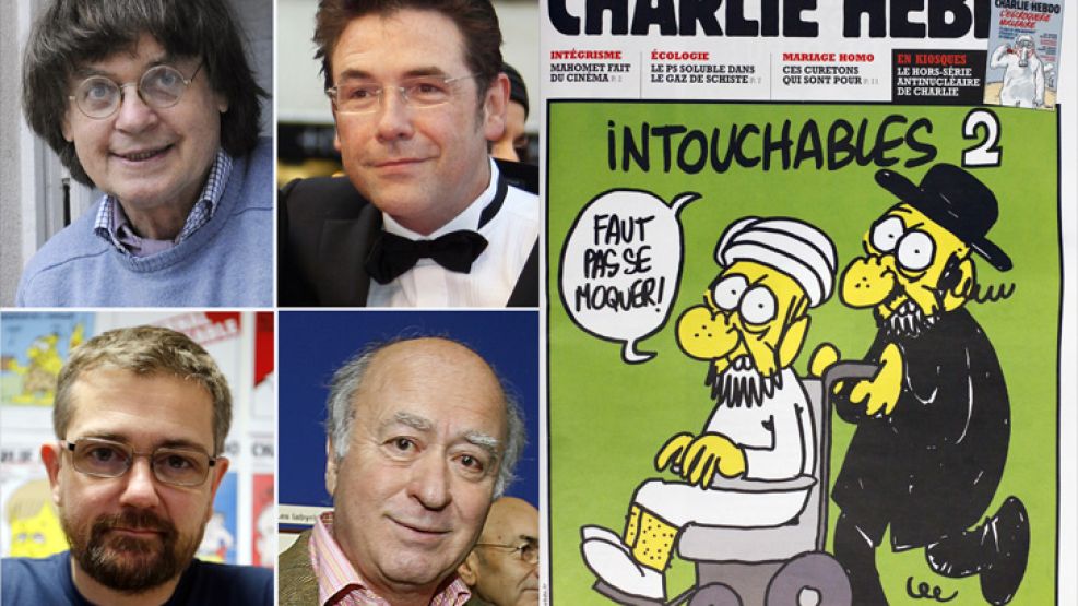 Cabut, Tignous, Charb y Wolinski, los ilustradores muertos durante el atentado. A la derecha, la portada de la polémica.