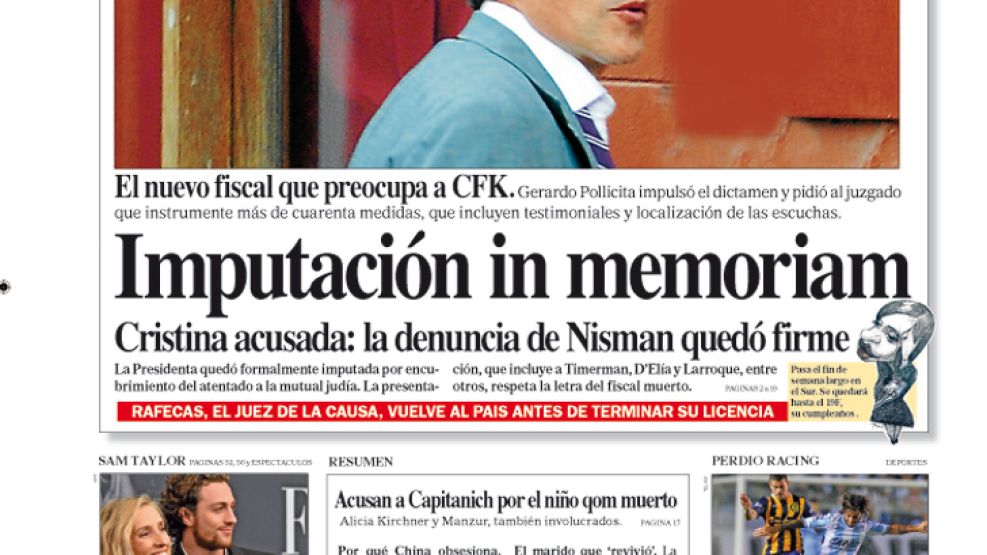 Tapa de la edición impresa del diario Perfil del 14 de Febrero de 2015