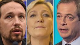 Ejemplos. Iglesias, en España, con toques populistas y Le Pen y Farage en Francia y Gran Bretaña: nacionalismos xenófobos que quieren destruir la unidad europea.