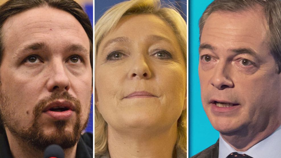 Ejemplos. Iglesias, en España, con toques populistas y Le Pen y Farage en Francia y Gran Bretaña: nacionalismos xenófobos que quieren destruir la unidad europea.