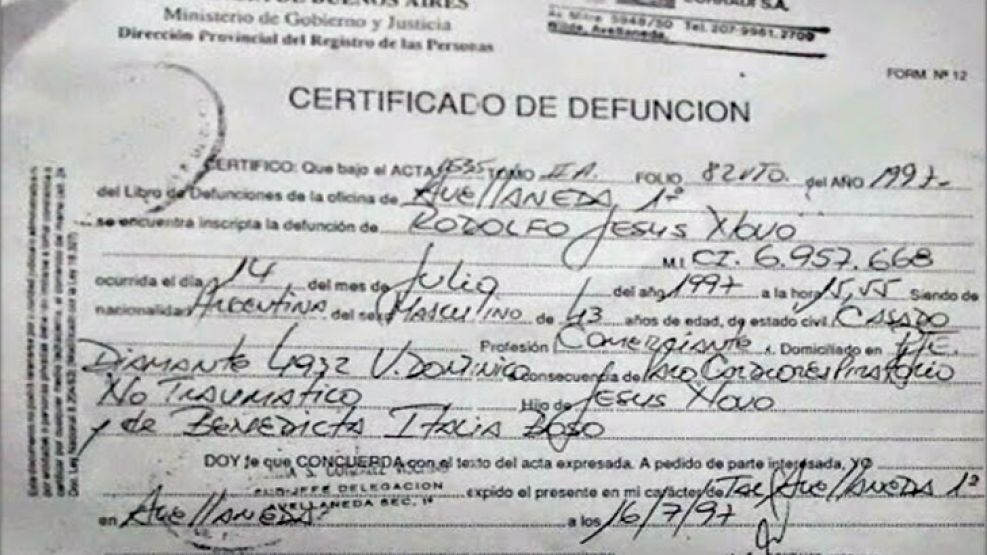 El certificado de defunción de Rodolfo Jesús Novo.