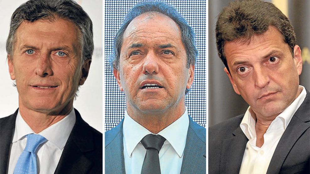 Los precandidatos presidenciales Mauricio Macri, Daniel Scioli y Sergio Massa.