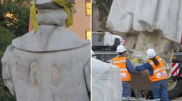 Arruinada. El dorso de la estatua (izq). con manchas que no salen. La base del monumento tiene papeles de diario pegados con abrasivos que dañan la superficie de la figura.
