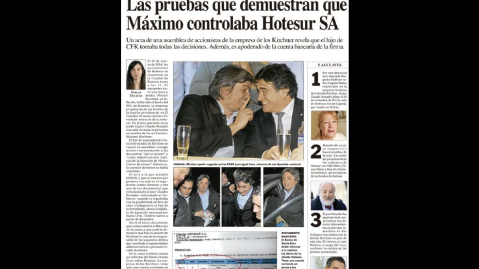 Revelación. PERFIL mostró documentación que prueba que Máximo controlaba Hotesur en 2014 y su cuenta bancaria; y que la firma tuvo tres alertas de lavado de dinero.