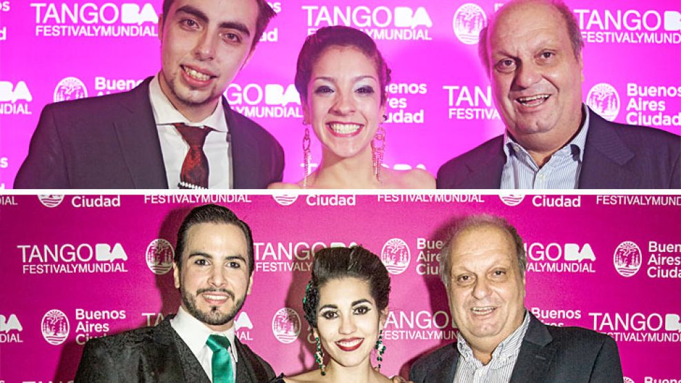 Campeones. Los ganadores mundiales en Tango Pista, Saavedra y Aragón, y los de Tango Escenario, López y Aguirre, junto al ministro Hernán Lombardi.
