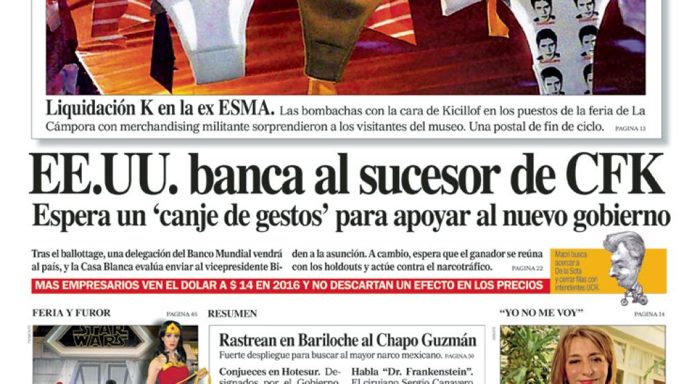 Tapa de la edición impresa del diario Perfil del 8 de Noviembre de 2015