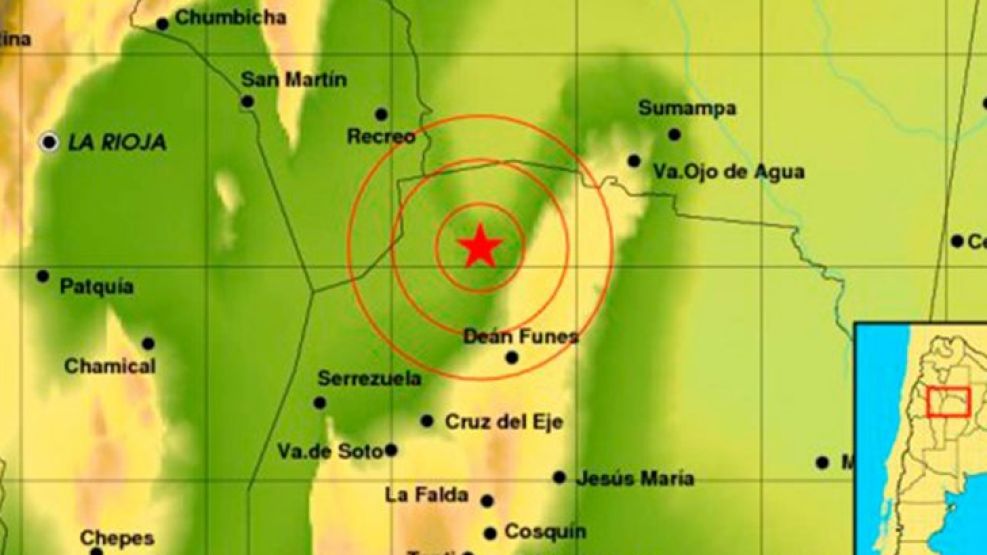El movimiento más intenso se produjo a las 3.04 horas, a 174 kilómetros al norte de Córdoba, 191 kilómetros al sudeste de San Fernando del Valle de Catamarca y 67 kilómetros al noroeste de Deán Funes.