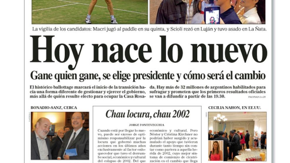 Tapa de la edición impresa del diario Perfil del 22 de Noviembre de 2015