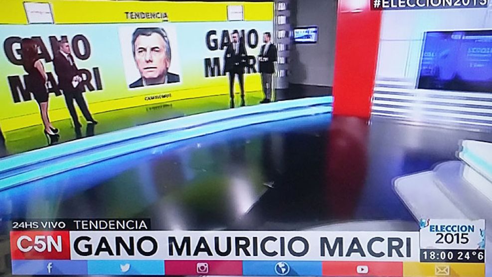 Anuncios. C5N dijo que había ganado Macri apenas cerró el comicio. Telefé fue más austero, mientras el 9 estaba en otra. TN y el 13 transmitieron en simultáneo.