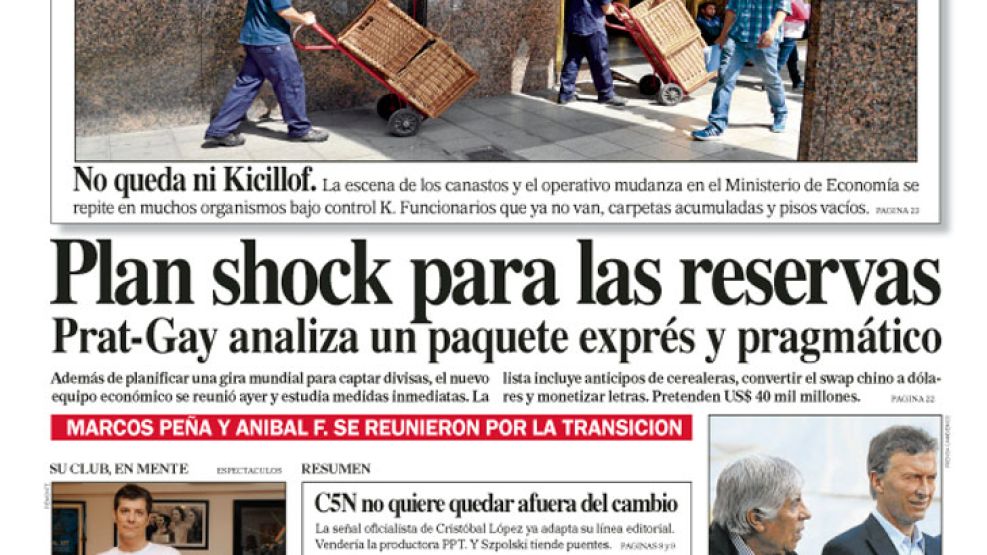 Tapa de la edición impresa del diario Perfil del 29  Noviembre de 2015