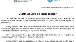 El comunicado de Cancillería asegura que Clarín esta "cegado por el odio"