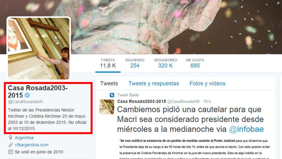 Así se leen ahora la descripción y usuario de la cuenta de Casa Rosada.