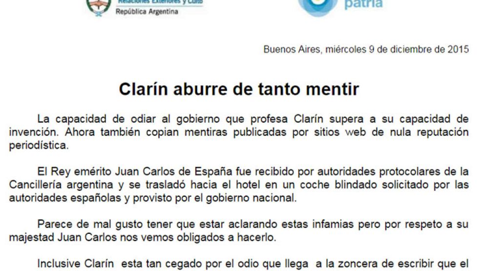 El comunicado de Cancillería asegura que Clarín esta "cegado por el odio"