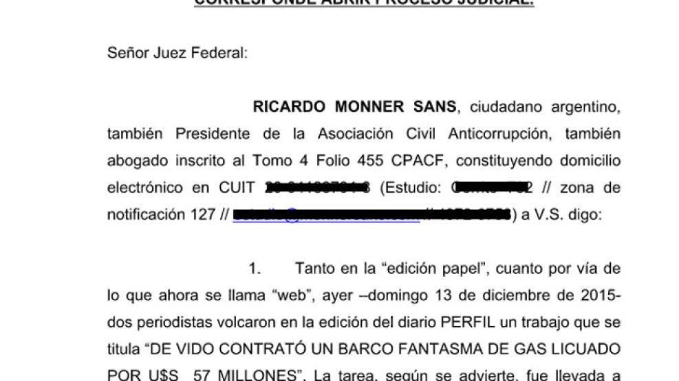 La denuncia presentada por Ricardo Monner Sans