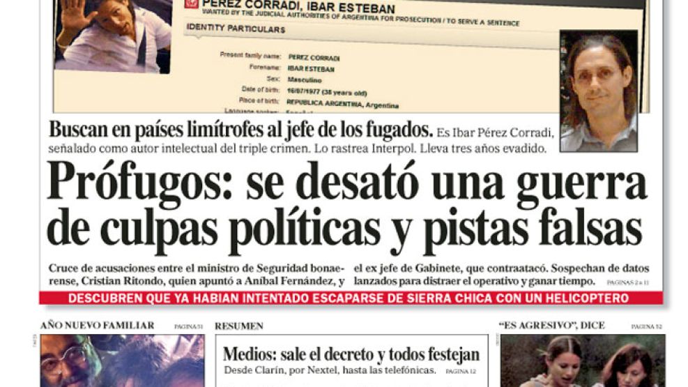 Tapa de la edición impresa del diario Perfil del 3 de Enero de 2016