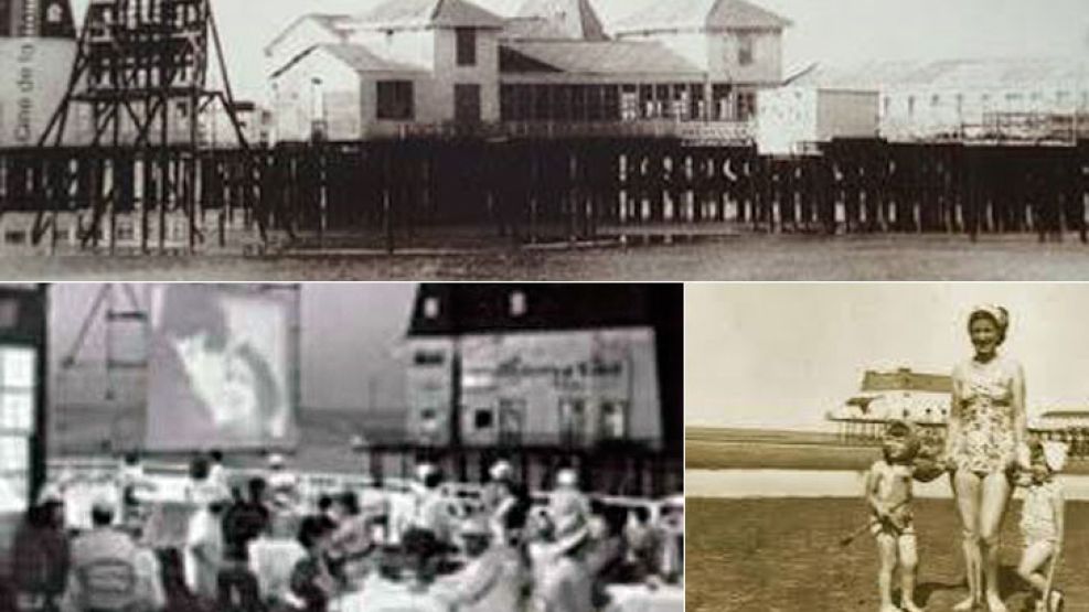 Imágenes de archivo de la primera proyección de cine sonoro al aire libre de la Argentina, en la ribera de Quilmes. Arriba: la instalación de la pantalla. Abajo:el momento de la película.