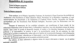 El Vaticano difundió un comunicado resaltando el "buen estado de las relaciones bilaterales entre la Santa Sede y la República Argentina" y enumeró los temas que abordaron el Papa y Macri.