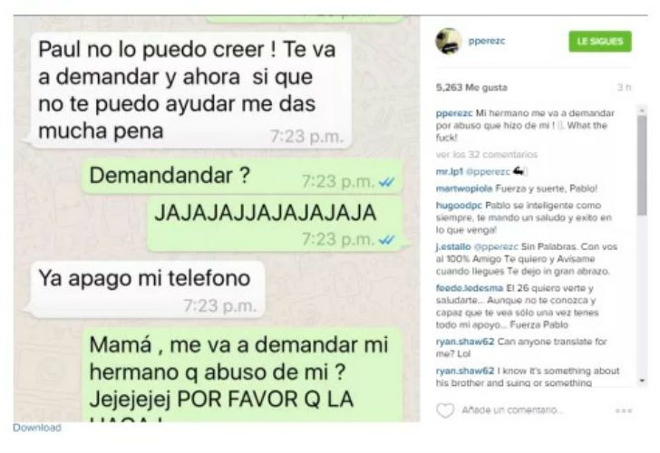 EN LA RED. Capturas de lo que Pablo publicó en Instagram y Facebook. Y fragmentos de la charla con éste con su madre.