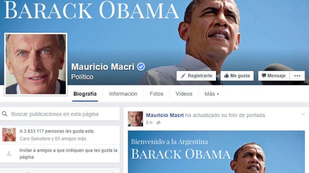 Con una foto del presidente de los Estados Unidos y con el mensaje "Bienvenido a la Argentina Barack Obama", el presidente Maurico Macri ofició la llegada del mandatario a través de las redes Sociales