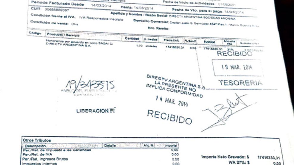 Recibo. El documento que firmaron DirecTV y el director y abogado de Sagai, Sebastián Bloj, en virtud de honorarios.