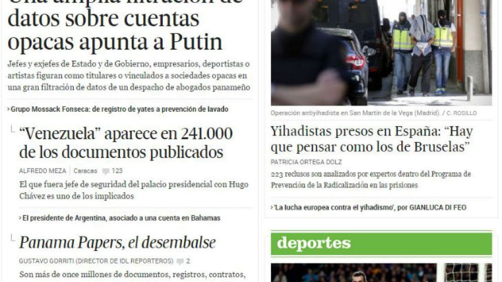 Putin en la portada online de El País de España.