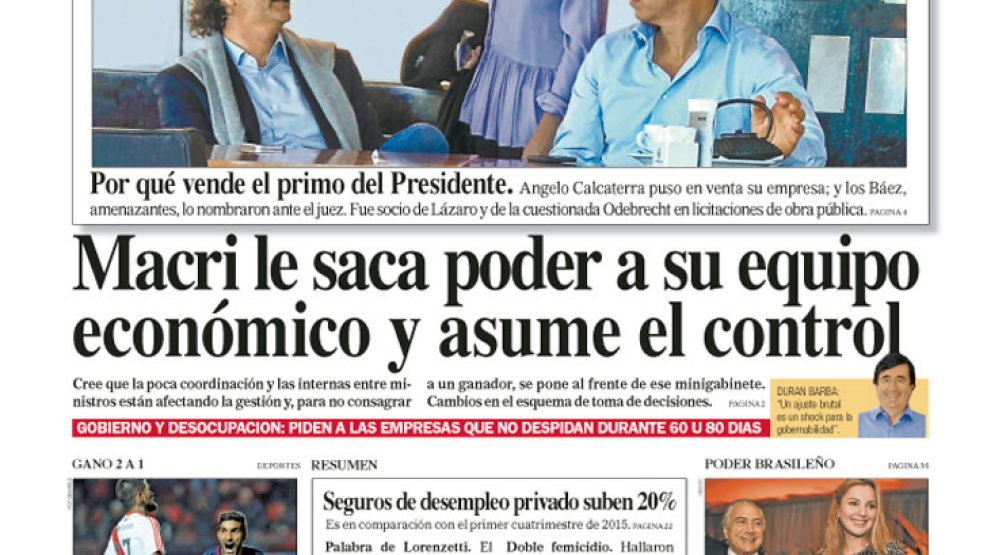 Tapa de la edición impresa del diario Perfil del 8 de Mayo de 2016