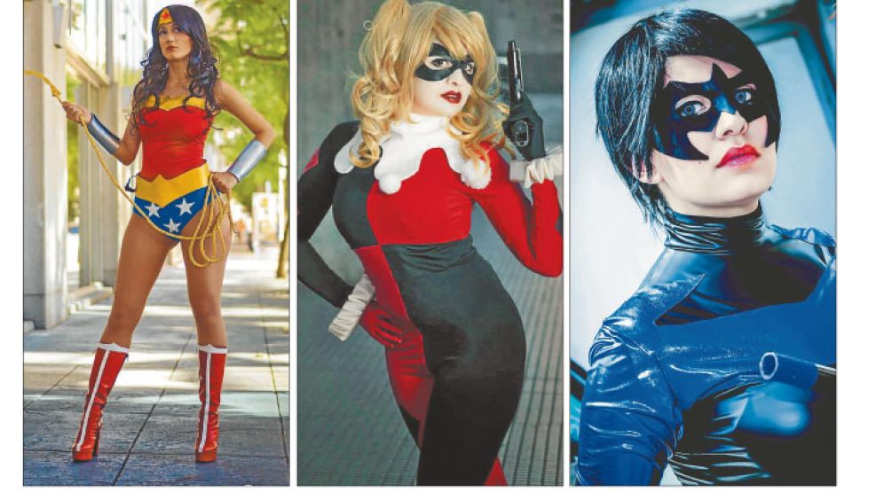 Cosplay girls. Sophie Valentine estudia diseño de indumentaria y le encanta la Mujer Maravilla. Arashi tiene 28 y es recepcionista, en la foto como Harley Quinn y Nightwing. 