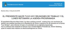 Comunicado. Primero mostraron que Macri estaba bien de salud. El sábado contaron la versión correcta.