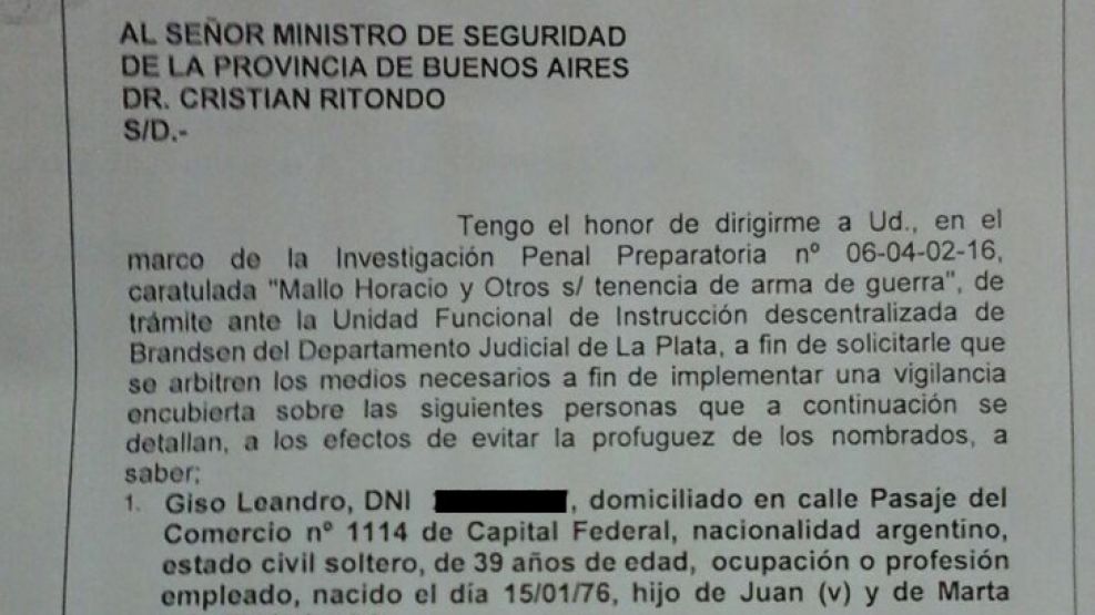 El pedido de seguimiento a Marcelo Mallo y Leandro Giso, fechado el jueves 23